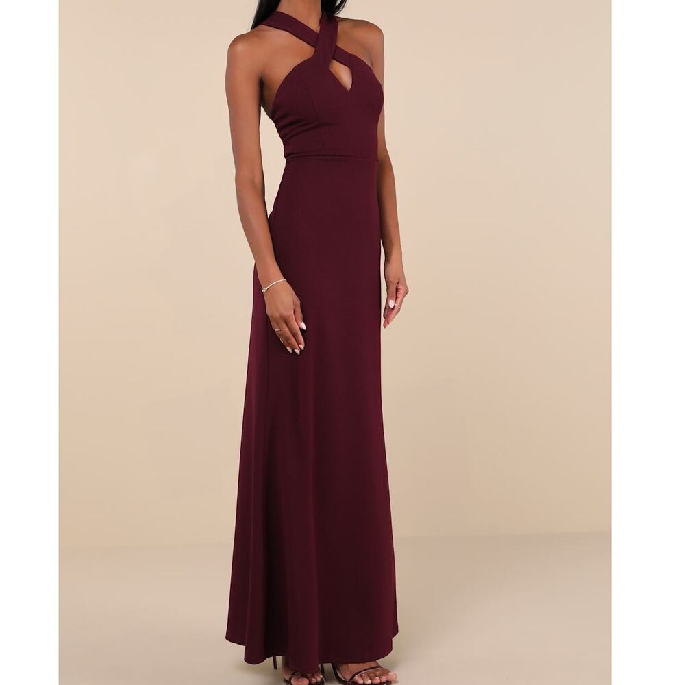 NEW Lulus Keep You Enchanted Dark Purple Cutout Halter Mermaid Maxi Dress